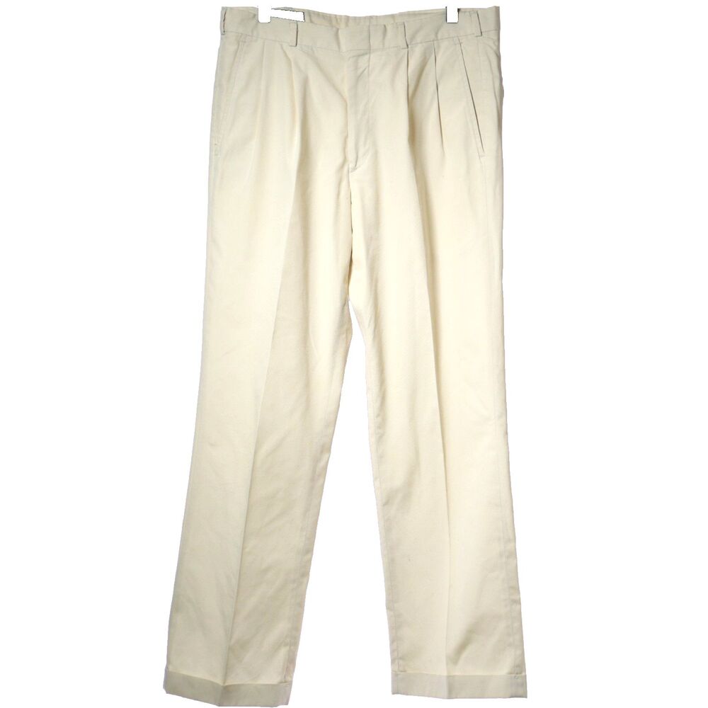 VTG Lands End Mens 34x29 Baggy Pleated Beige Chino Pants Trouser USA Made